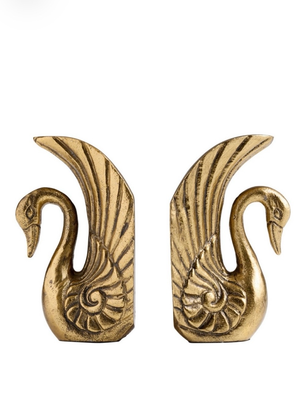Set of two antique gold swan bookends